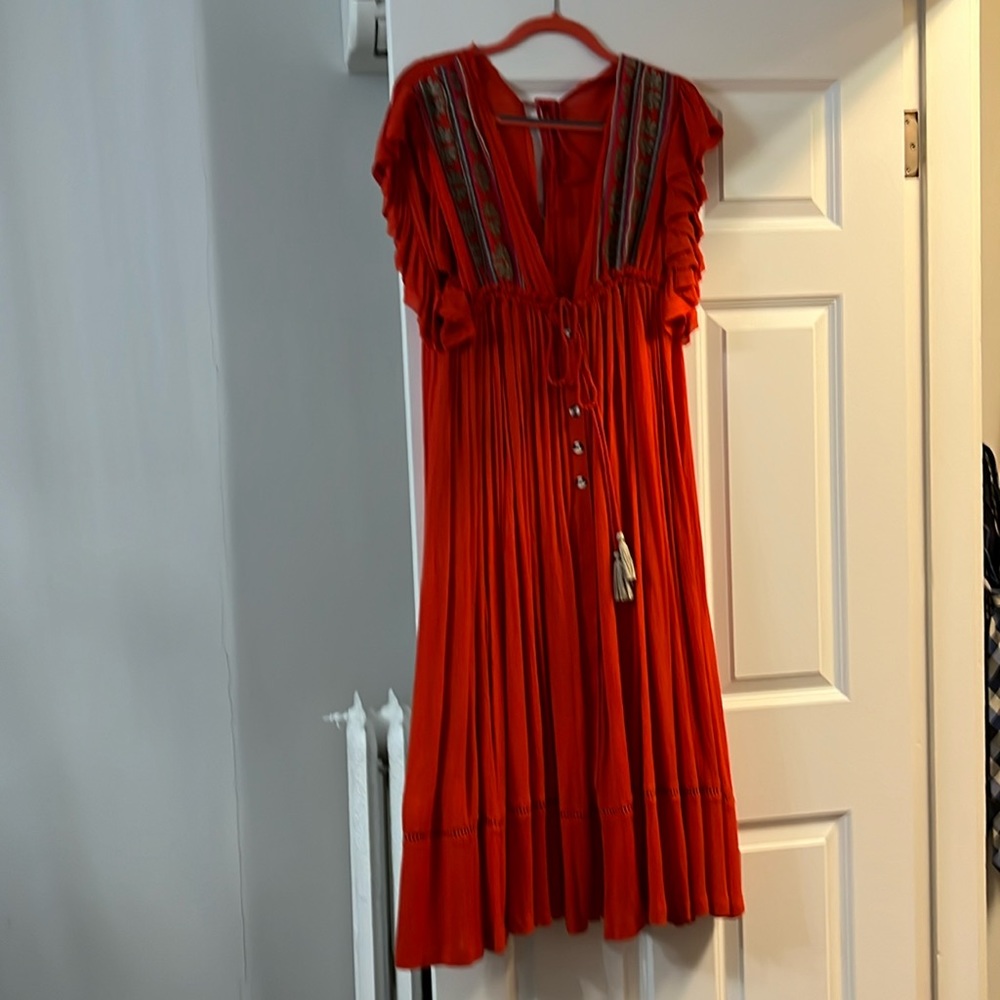 Free People red embroidered dress with buttons